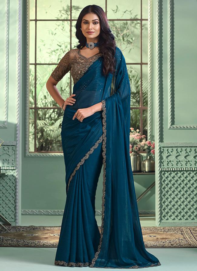 Georgette Blue Party Wear Embroidery Work Saree